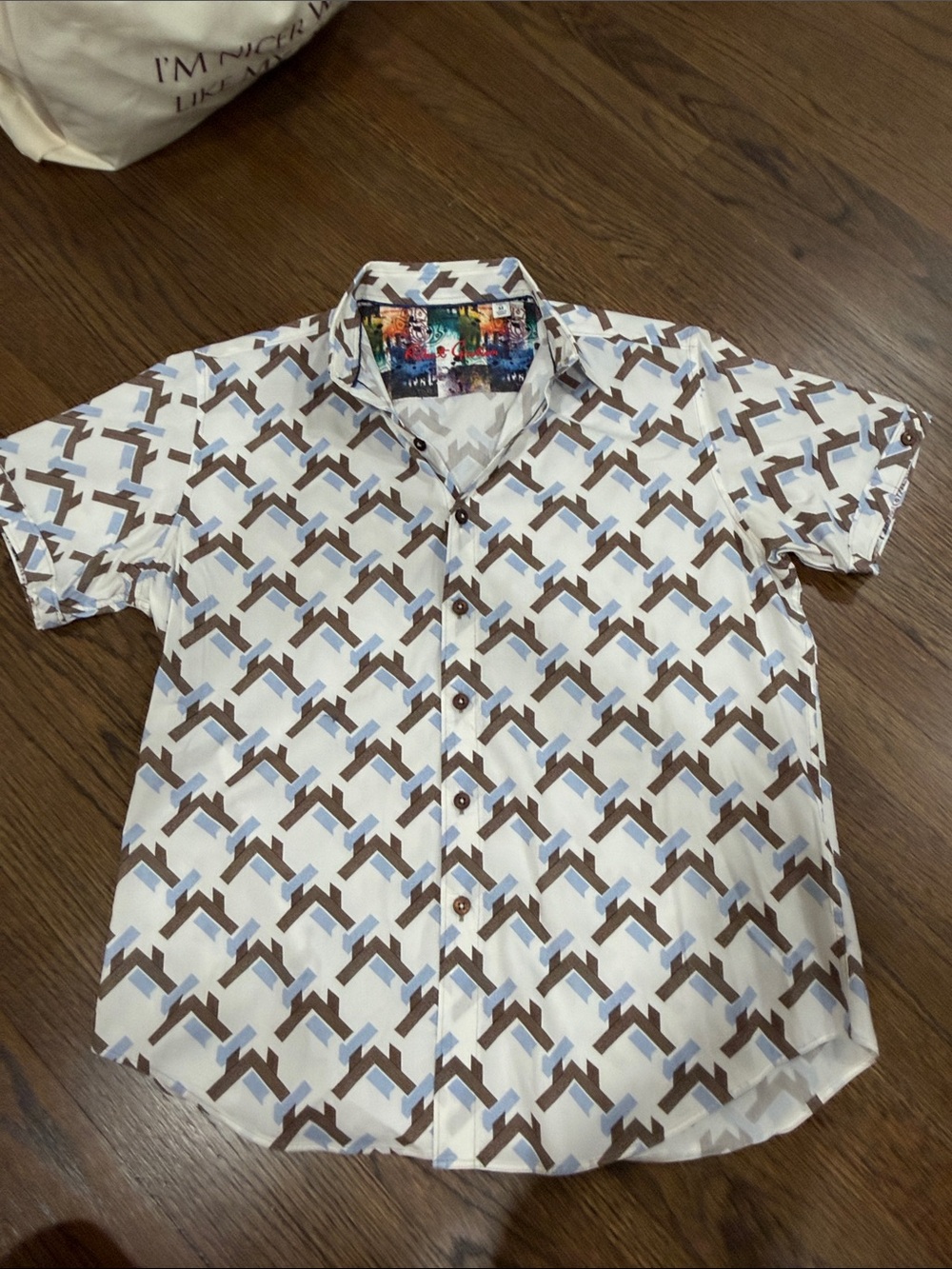 Robert Graham Men's Short Sleeve Geometric Print Shirt - White, Blue, & Brown